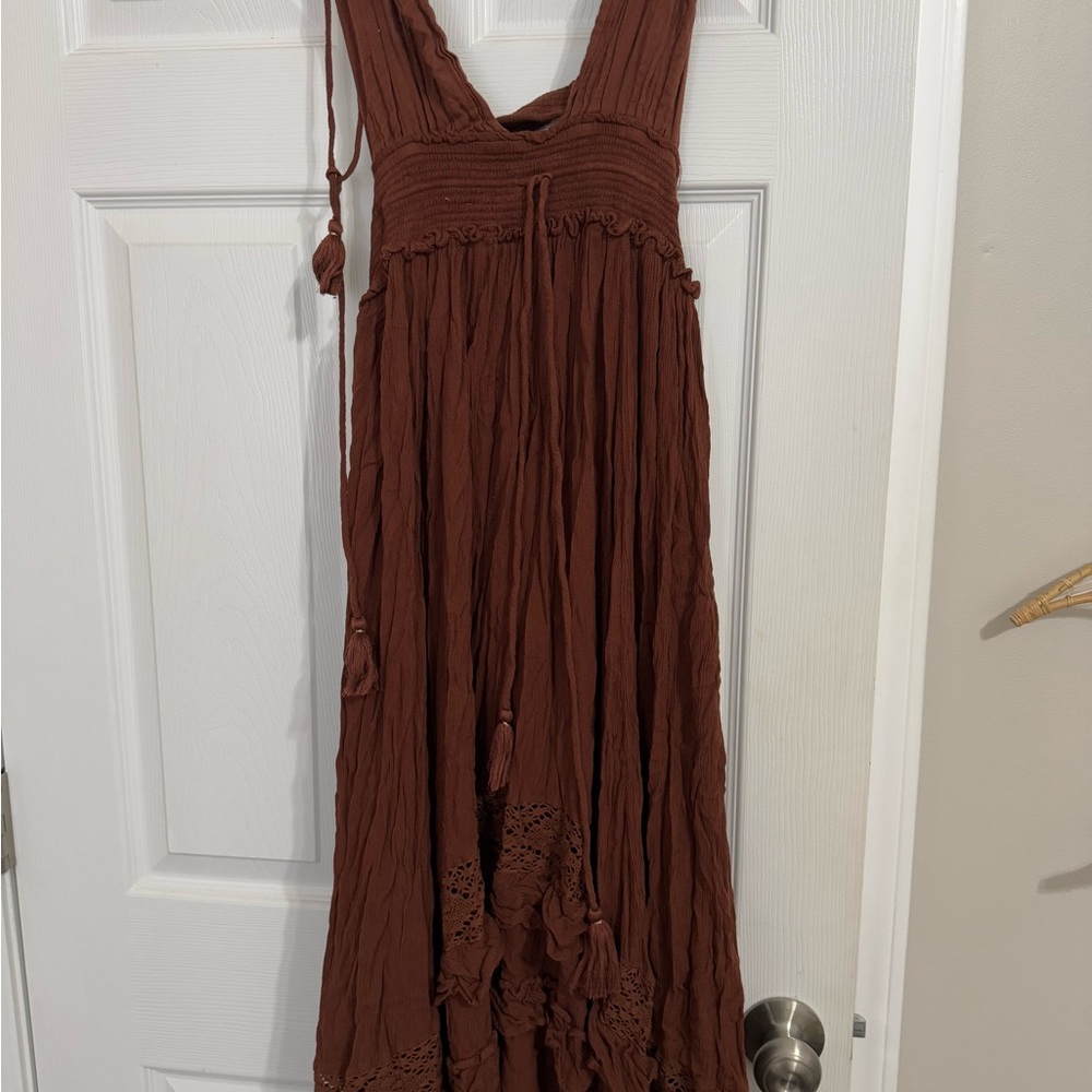 Free People Brown Ruched Tiered Halter Maxi Dress
